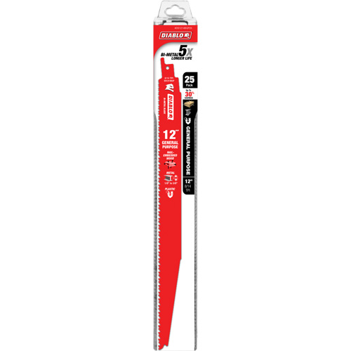 Diablo DS1214BGP25C Lame de scie alternative tout usage, Bim&eacute;tal, 8-14 Dents par pouce, 12" lo x 1" la
