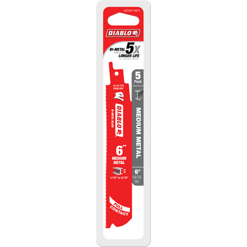Diablo DS0614BF5C Medium Metal Reciprocating Saw Blade, Bi-Metal, 14-18 TPI, 6" L x 1" W
