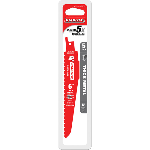 Diablo DS0608BFD5C Lame de scie alternative pour la d&eacute;molition et les m&eacute;taux &eacute;pais, Bim&eacute;tal, 8-10 Dents par pouce, 6" lo