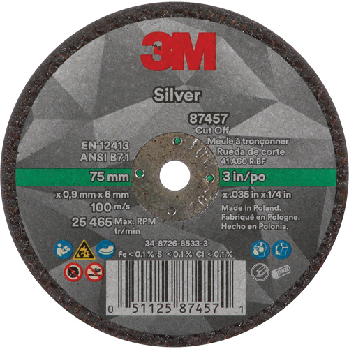 3M AB87457 Meule &agrave; tronçonner Silver, 3" x 0,04", Arbre de 1/4"-28, Type 1, C&eacute;ramique, 25645 Tr/min