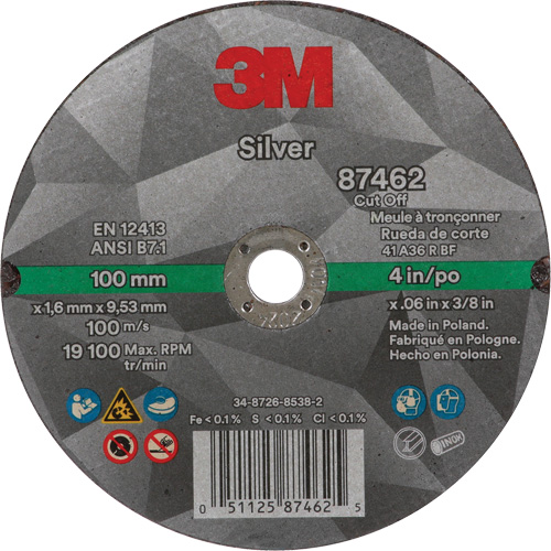 3M AB87462 Meule &agrave; tronçonner Silver, 4" x 0,06", Arbre de 3/8"-24, Type 1, C&eacute;ramique, 19100 Tr/min