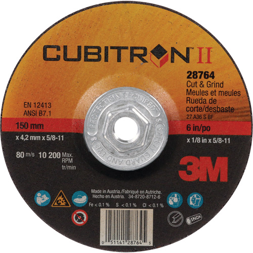 3M AB28764 Cubitron II Quick Change Cut & Grind Wheel, 6" x 1/8", 5/8"-11 Arbor, Type 27, Ceramic