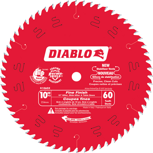 Diablo D1060X Lame de scie circulaire &agrave; finition fine, 10", 60 dents, Pour Stratifi&eacute;/Bois