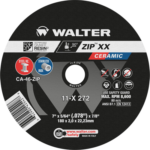Walter Technologies Pour Surface 11X272 Meule &agrave; tronçonner en c&eacute;ramique Zip XX, 7" x 5/64", Arbre de 7/8", Type 1, C&eacute;ramique, 8600 Tr/min
