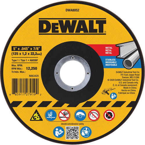 DEWALT DWA8052 Metal Cut-Off Wheel, 5" x 0.045", 7/8" Arbor, Aluminum Oxide, Type 1