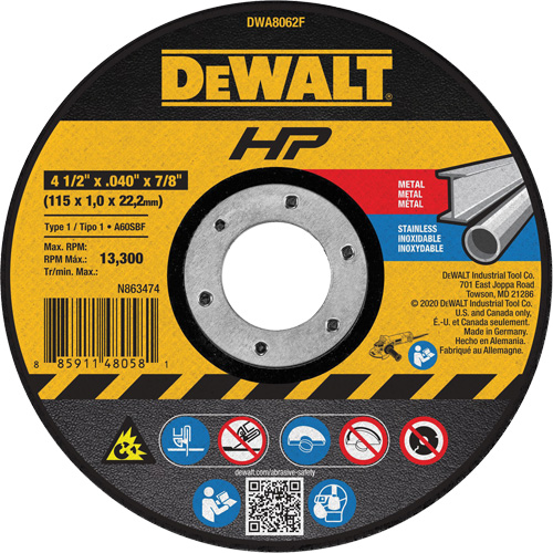 DEWALT DWA8062F HP Metal Cut-Off Wheel, 4-1/2" x 0.04", 7/8" Arbor, Type 1, Aluminum Oxide, 13300 RPM