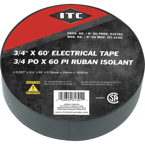 JET 026702 IET-3460 Ruban isolant, Ruban &eacute;lectrique, Rubans isolant, 19 mm (3/4") x 18,28 m (60'), Noir