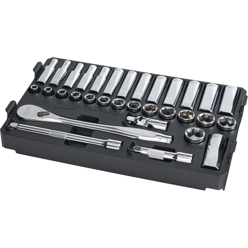 Milwaukee 48-22-9482 Cl&eacute; &agrave; cliquet et jeu de douilles avec organisateur compact &agrave; profil bas Packout, 32 Mcx, Prise de 3/8", Profond