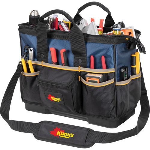 Kuny's PB1563 Sac &agrave; outils fourre-tout Big-Mouth &agrave; base moul&eacute;e, Polyester balistique, 23 pochettes, Noir/Bleu
