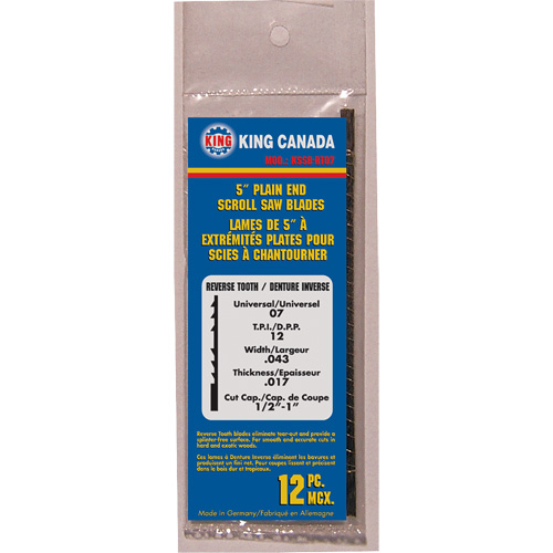 King Canada KSSB-RT07 12-Piece Reverse Tooth Scroll Saw Blades, Scroll cutting, 0.043" W x 5" L, 12 TPI