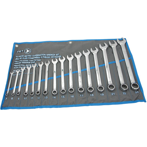 JET 700185 Fully Polished Long Pattern Combination Wrench Set, Combination, 16 Pieces, Metric