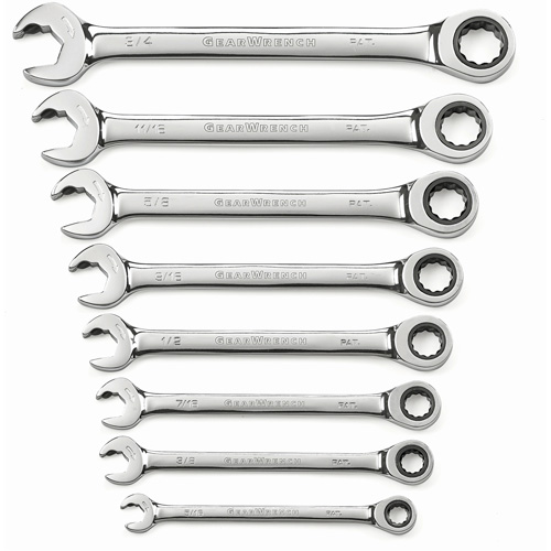 Gearwrench 85599 72-Tooth 12 Point Ratcheting SAE Wrench Set, Combination/Open-Ended, 8 Pieces, Imperial