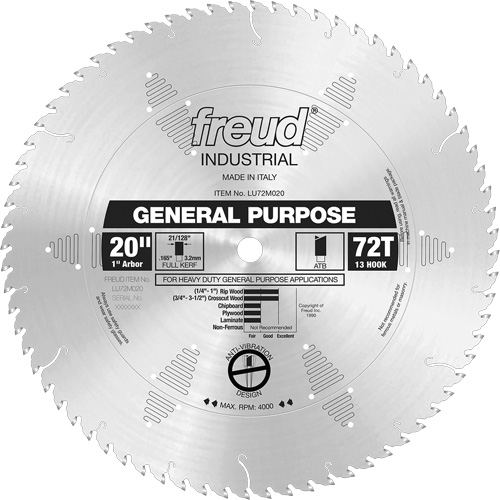 Freud LU72M020 Industrial Saw Blade - General Purpose, 20", 72 Teeth, Wood Use