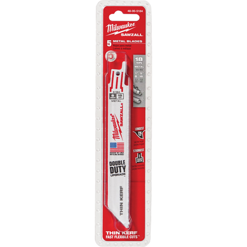 Milwaukee 48-00-5184 Lames haute performance Super Sawzall, Bim&eacute;tal, 18 Dents par pouce, 6" lo x 3/4" la