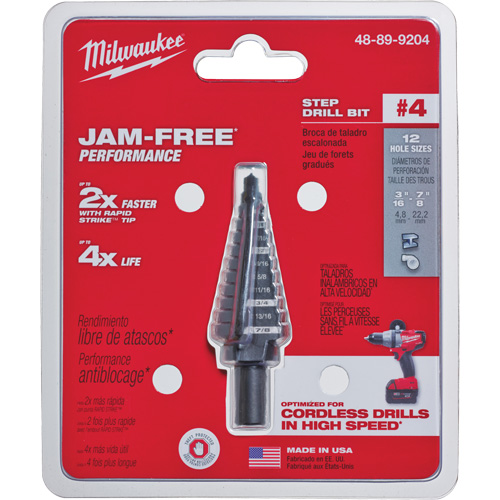 Milwaukee 48-89-9204 #4 Step Drill Bit, 3/16" - 7/8" , 1/16" Increments, High Speed Steel