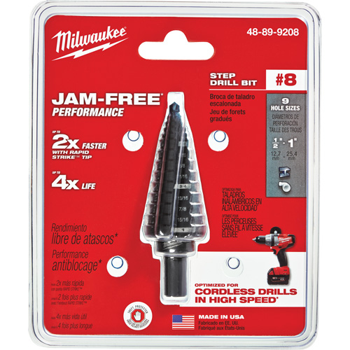 Milwaukee 48-89-9208 Foret &eacute;tag&eacute; no 8, 1/2" - 1", Incr&eacute;ments de 1/16", Acier rapide