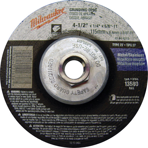 Milwaukee 49-94-4515 Grinding Wheel, 4-1/2" x 1/4", 5/8"-11 Arbor, Aluminum Oxide, Type 27