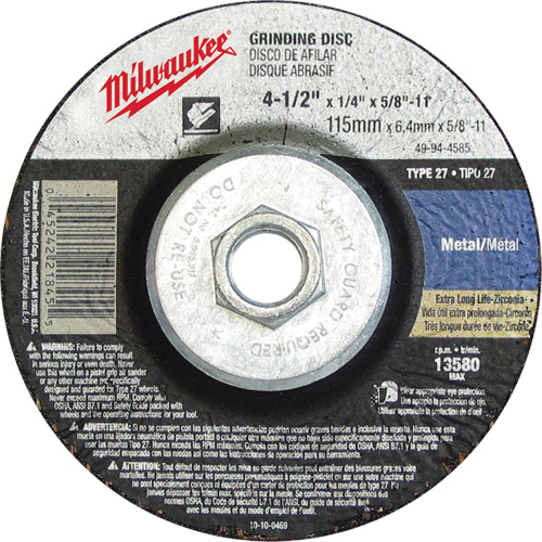 Milwaukee 49-94-4525 Meule, 4-1/2" x 1/8", Arbre 5/8"-11, Oxyde d'aluminium, Type 27
