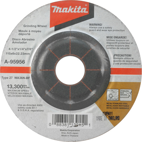 Makita A-95956-25 INOX Grinding Wheel, 4-1/2" x 1/4", 7/8" Arbor, Aluminum Oxide, Type 27