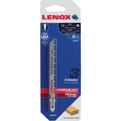 Lenox 1990847 Clean Cutting Wood Jigsaw Blade, Bi-Metal, T-Shank, 4" L, 6 TPI