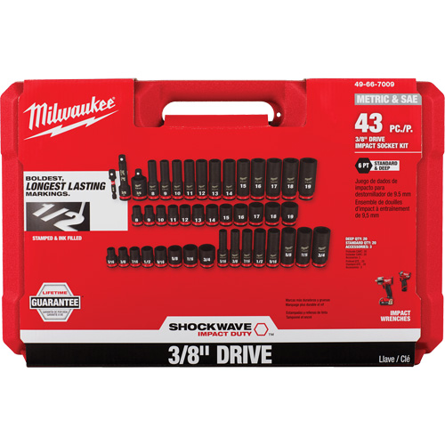Milwaukee 49-66-7009 Shockwave Impact Duty SAE & Metric 6 Point Socket Set, 43 Pcs, Impact, 3/8" Drive Size, Deep