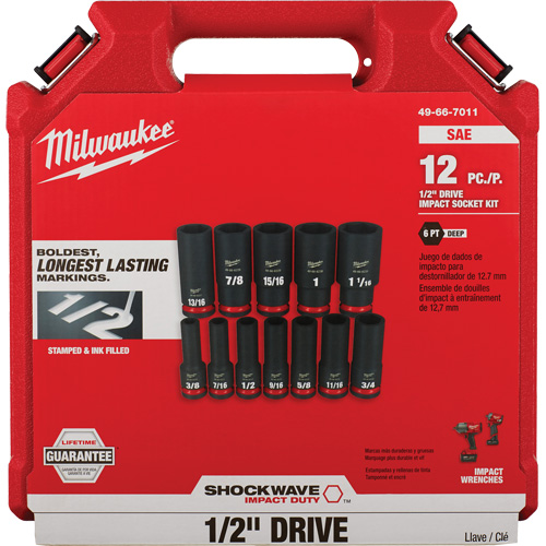 Milwaukee 49-66-7011 Jeu de douilles SAE &agrave; 6 pans Shockwave Impact Duty, 12 Mcx, Chocs, Prise de 1/2", Profond