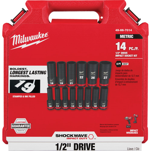 Milwaukee 49-66-7014 Shockwave Impact Duty Metric 6 Point Socket Set, 14 Pcs, Impact, 1/2" Drive Size, Deep