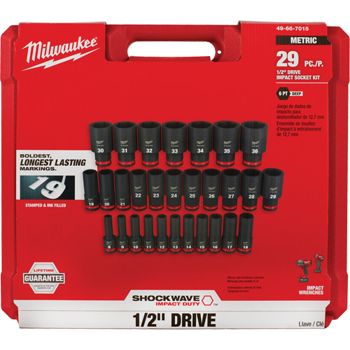 Milwaukee 49-66-7015 Shockwave Impact Duty Metric 6 Point Socket Set, 29 Pcs, Impact, 1/2" Drive Size, Deep