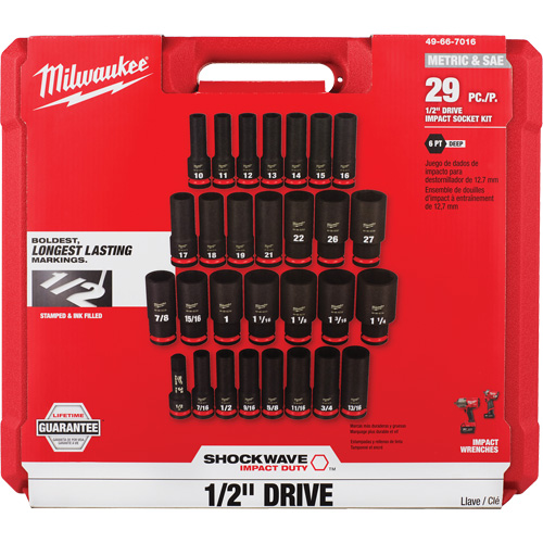 Milwaukee 49-66-7016 Shockwave Impact Duty SAE & Metric 6 Point Socket Set, 29 Pcs, Impact, 1/2" Drive Size, Deep