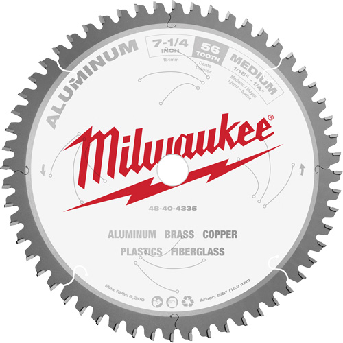 Milwaukee 48-40-4335 Aluminum Cutting Circular Saw Blade, 7-1/4", 56 Teeth, Plastic/Fibreglass/Non-Ferrous Use