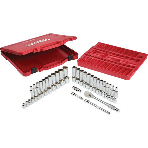 Milwaukee 48-22-9008 SAE & Metric Ratchet & Socket Set, 56 Pcs, 3/8" Drive Size, Deep