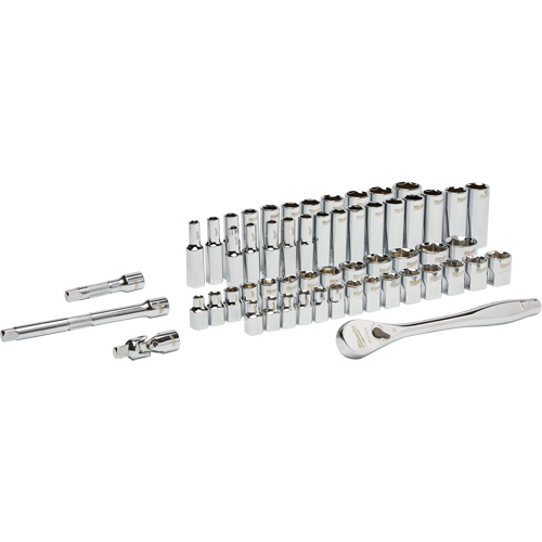 Milwaukee 48-22-9008 SAE & Metric Ratchet & Socket Set, 56 Pcs, 3/8" Drive Size, Deep