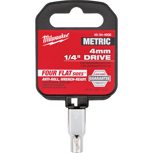 Milwaukee 45-34-4000 Douille m&eacute;trique avec c&ocirc;t&eacute;s Four Flats, 4 mm, Prise 1/4", 6 pans
