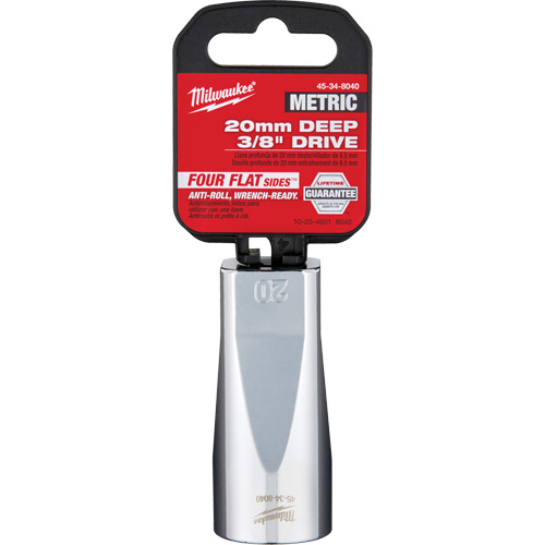 Milwaukee 45-34-8040 Metric Socket with Four Flat Sides, 20 mm, 3/8" Drive, 6 Points, Deep