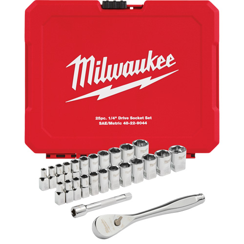Milwaukee 48-22-9044 Jeu de cliquets et rochets SAE & m&eacute;triques &agrave; c&ocirc;t&eacute;s FOUR FLAT, 25 Mcx, Prise de 1/4"