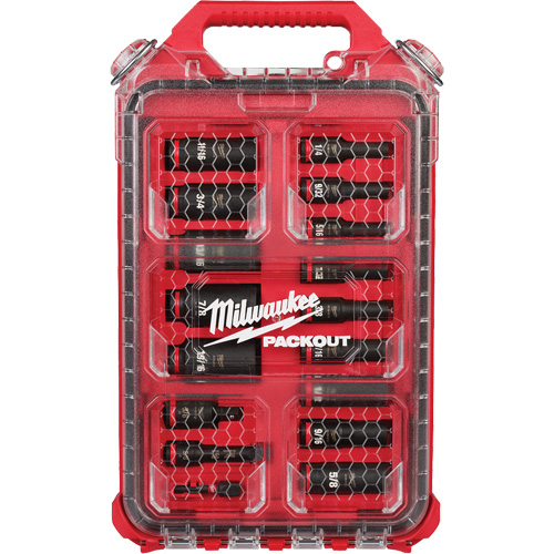 Milwaukee 49-66-6800 Jeu de douilles SAE Shockwave Impact Duty Packout, 17 Mcx, Chocs, Prise de 3/8", Profond