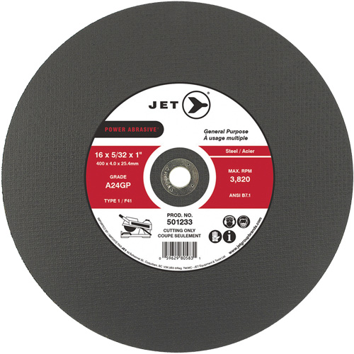 JET 501243 A24GP Power Abrasive Cut-Off Wheel, 20" x 5/32", 1" Arbor, Type 1, 3000 RPM
