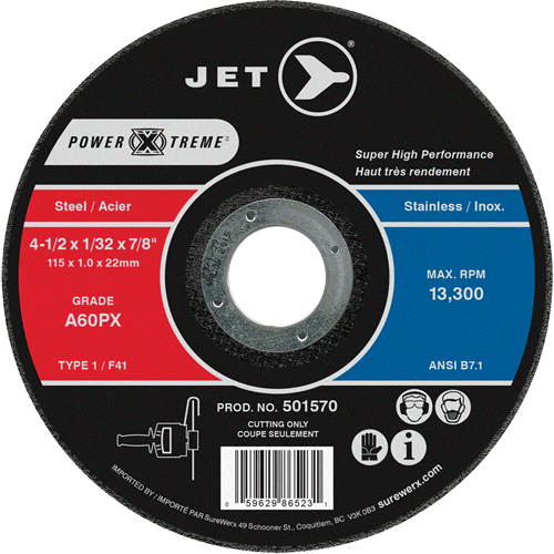 JET 501570 A60PX Power-Xtreme Cut-Off Wheel, 4-1/2" x 1/32", 7/8" Arbor, Type 1, 13300 RPM