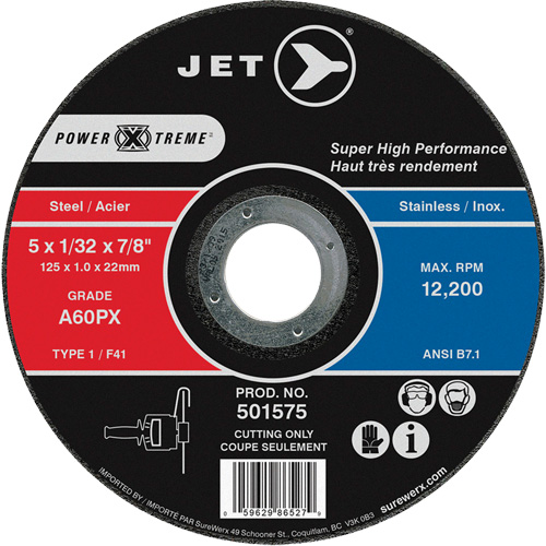 JET 501575 A60PX Power-Xtreme Cut-Off Wheel, 5" x 1/32", 7/8" Arbor, Type 1, 12200 RPM