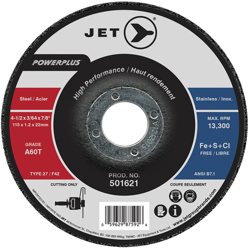 JET 501621 Meule &agrave; tronçonner PowerPlus A60T, 4-1/2" x 3/64", Arbre de 7/8", Type 27, 13 300 Tr/min