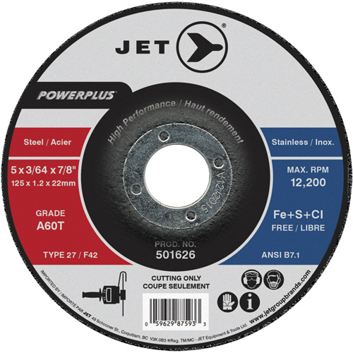 JET 501626 A60T PowerPlus Cut-Off Wheel, 5" x 3/64", 7/8" Arbor, Type 27, 12200 RPM