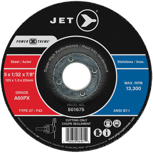 JET 501671 A60PX Power-Xtreme Cut-Off Wheel, 4-1/2" x 3/64", 7/8" Arbor, Type 27, 13300 RPM