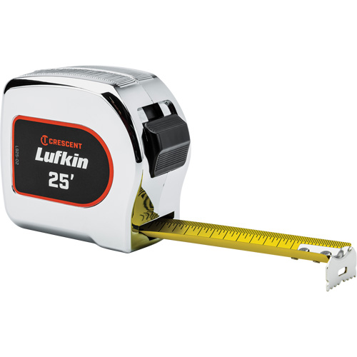 Lufkin By Crescent L925-02 Legacy Chrome Case Yellow Clad Tape Measure, 1-1/8" x 25', Imperial Graduations