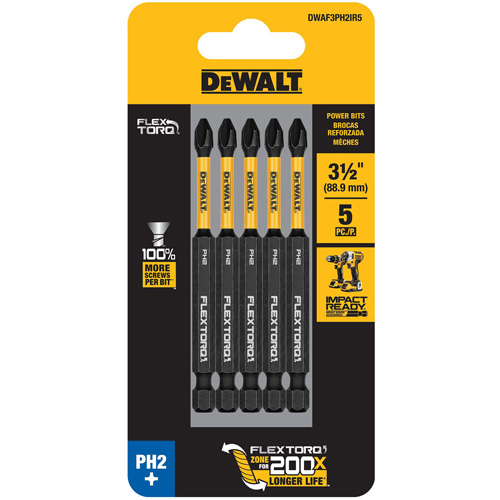 DEWALT DWAF3PH2IR5 5-Piece FLEXTORQ&reg; Impact Screwdriving Bits, Phillips, #2, 1/4" Drive