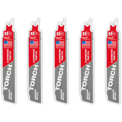 Milwaukee 48-00-5551 TORCH 5-Pack with Carbide Teeth for Medium Metal, Carbide, 10 TPI, 6" L x 1" W