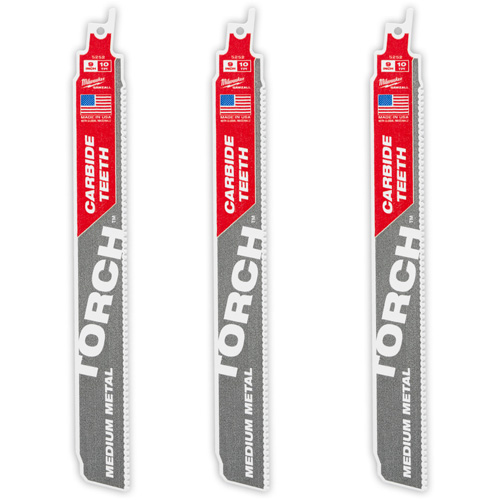 Milwaukee 48-00-5352 TORCH 3-Pack with Carbide Teeth for Medium Metal, Carbide, 10 TPI, 9" L x 1" W
