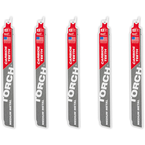 Milwaukee 48-00-5552 TORCH 5-Pack with Carbide Teeth for Medium Metal, Carbide, 10 TPI, 9" L x 1" W