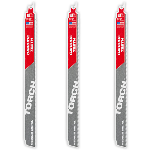Milwaukee 48-00-5353 TORCH 3-Pack with Carbide Teeth for Medium Metal, Carbide, 10 TPI, 12" L x 1" W