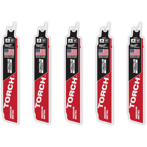 Milwaukee 48-00-6551 TORCH 5-Pack with NITRUS CARBIDE Teeth for Medium Metal, Carbide, 10 TPI, 6" L x 1" W