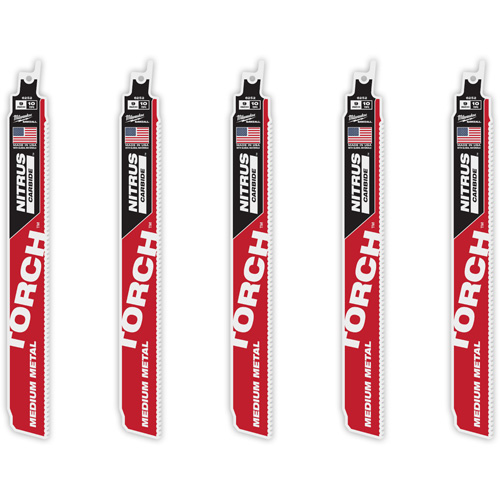 Milwaukee 48-00-6552 TORCH 5-Pack with NITRUS CARBIDE Teeth for Medium Metal, Carbide, 10 TPI, 9" L x 1" W